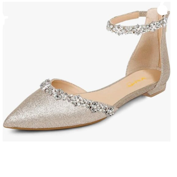 XYD Light Gold Glitter Pointed Toe D'Orsay Wedding Flat Rhinestones Sandal - Picture 1 of 8